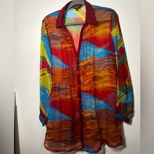 Sheer button-down colorful tropical cover up size Medium